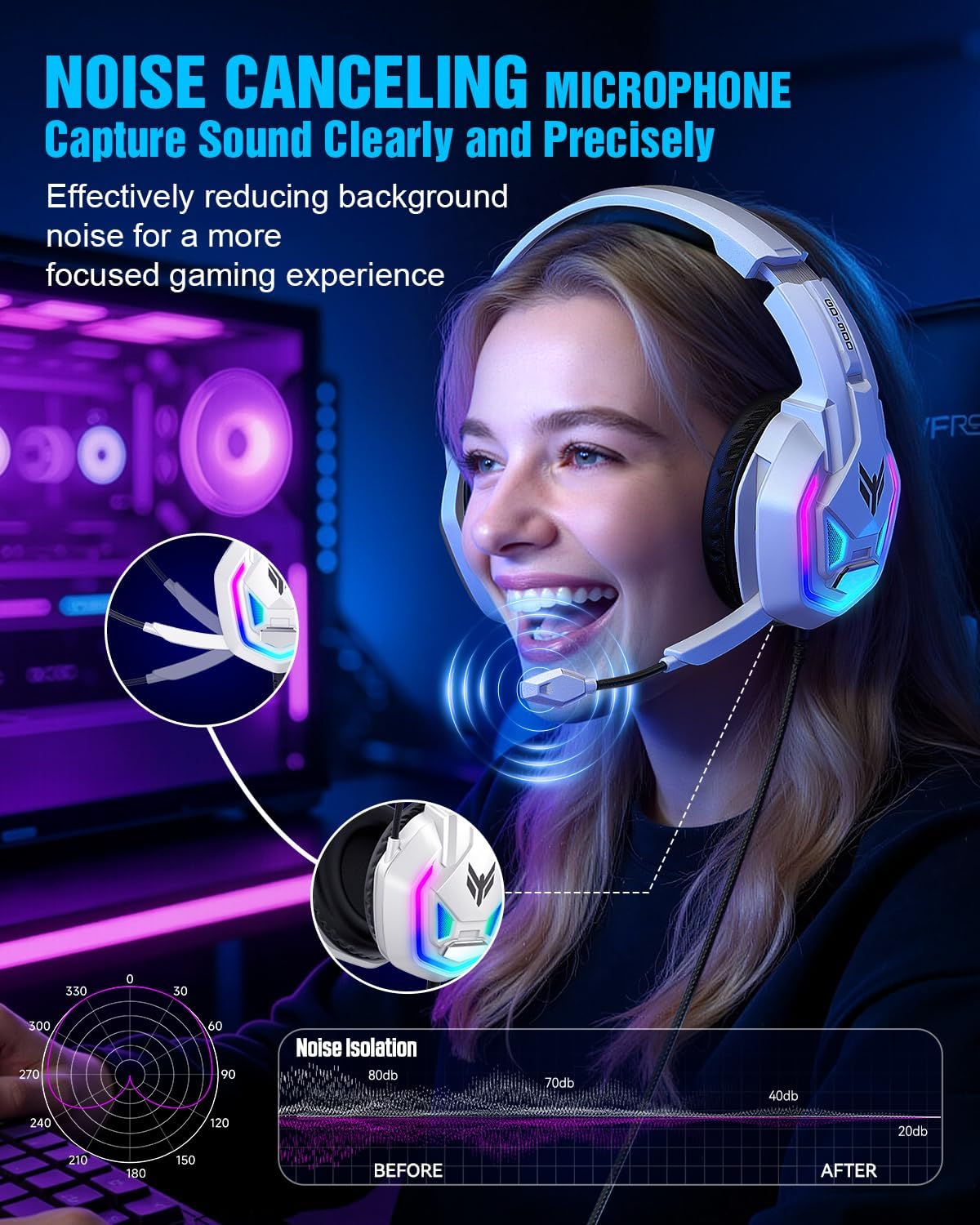 Thumbnail 3 de BENGOO Gaming Headset for Xbox Series X|S, Xbox One, PS5, PS4, PC, Switch, Mac — 7.1 Surround Sound, 50mm Drivers, Noise-Cancelling Mic, RGB Lighting