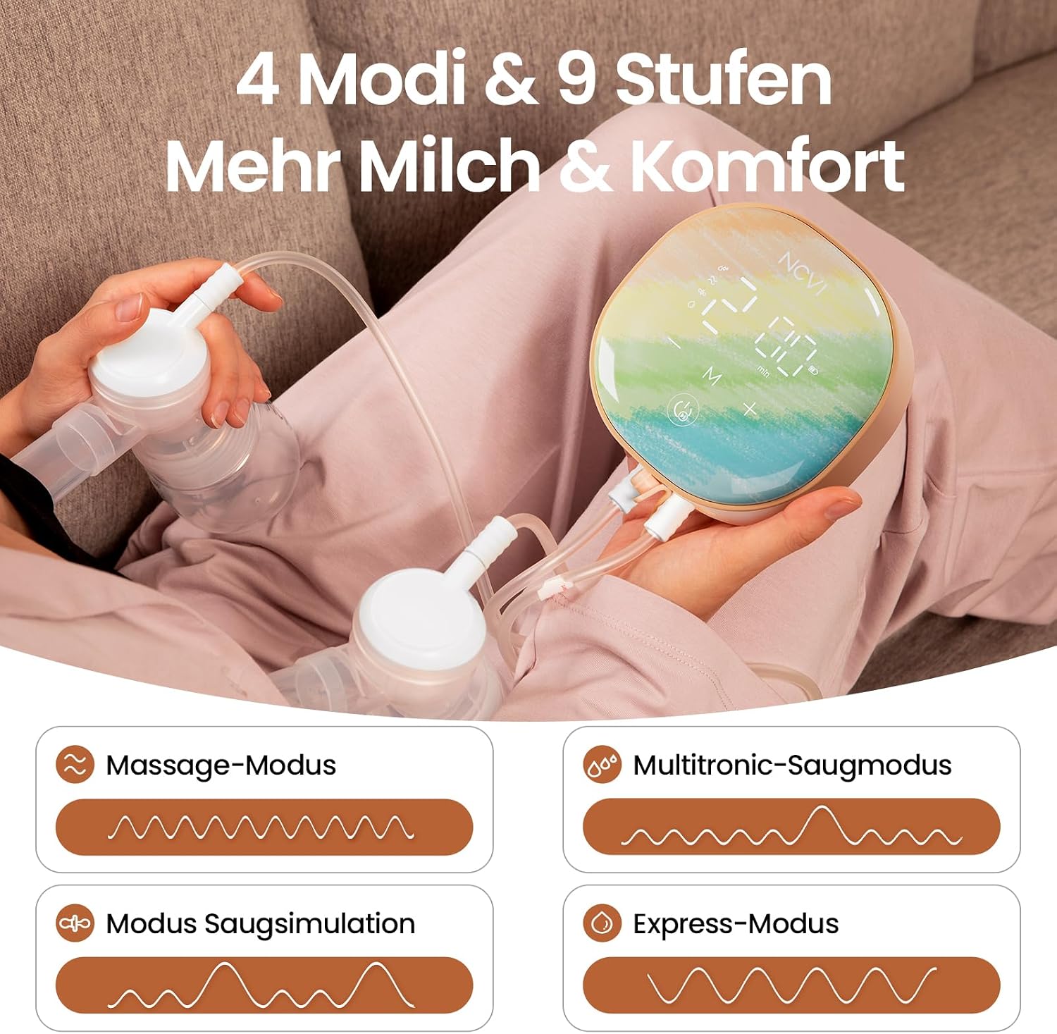 Thumbnail 2 de NCVI elektrische Milchpumpe mit 4 Modi & 9 Stufen, LED-Touchscreen und 21/24-mm-Flansch (wiederaufladbar)
