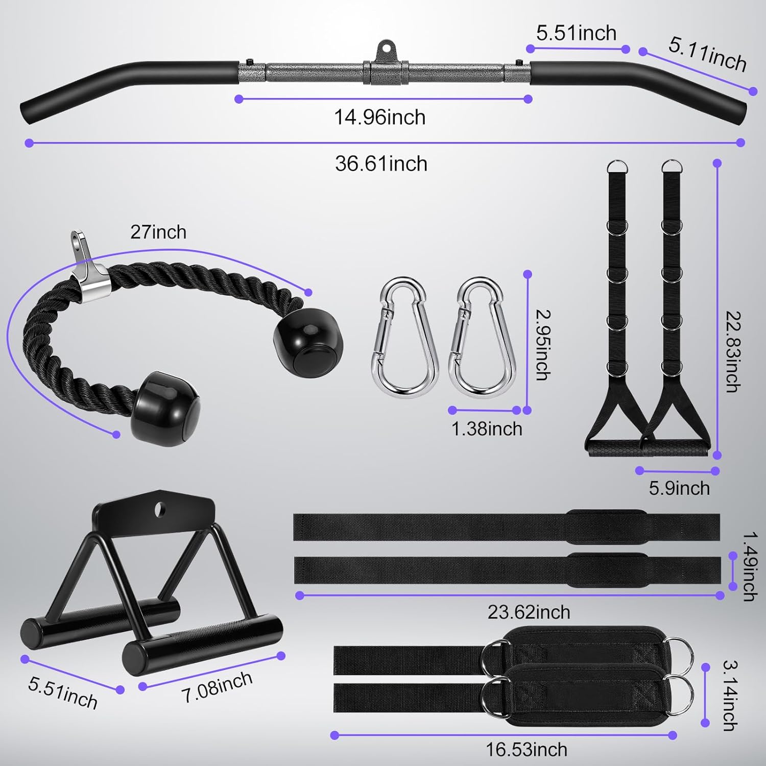 Detalle 2 de Turakun Cable Machine Attachments Set: LAT Pulldown Bar, Double D Handles, Tricep Rope & More for Home Gym
