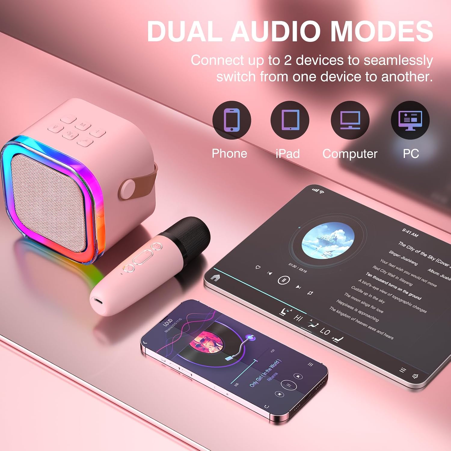 Detalle de TAEMVV k12 Mini Karaoke Machine with Two Wireless Microphones and LED Light