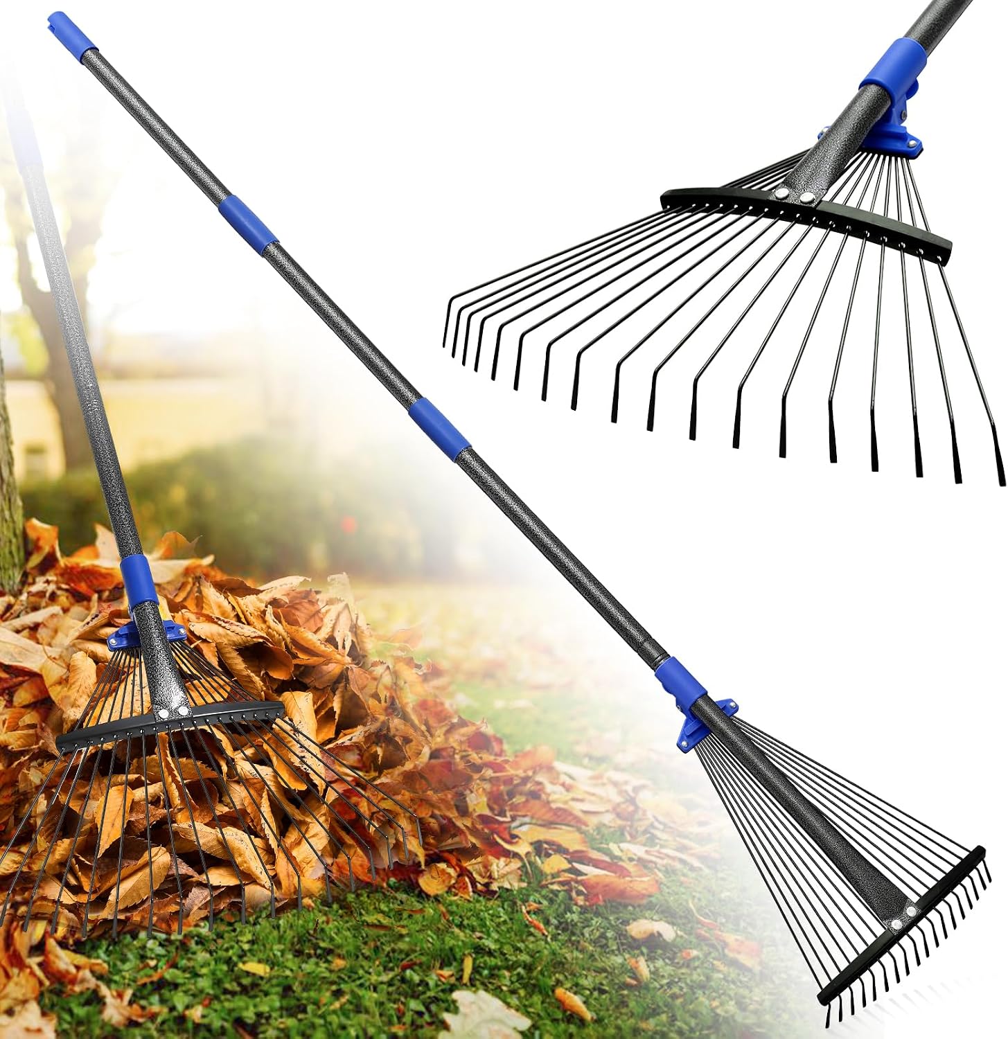 Detalle de DEROFIT 18chiSSLYP-SLS-5jie Garden Rake, 67-Inch Metal Handle, Expandable Head