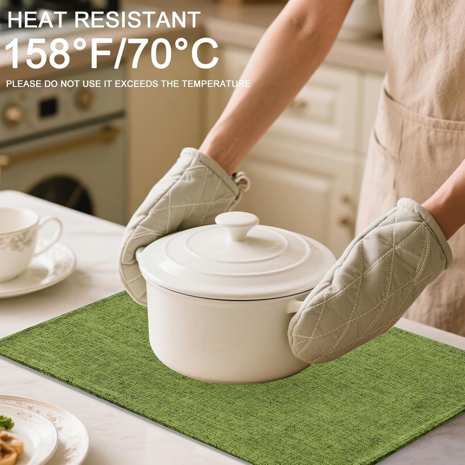Detalle de Homaxy Cloths Placemats Set of 6 (13" x 19") in Grass Green — Heat-Resistant Washable Cotton-Linen Table Mats