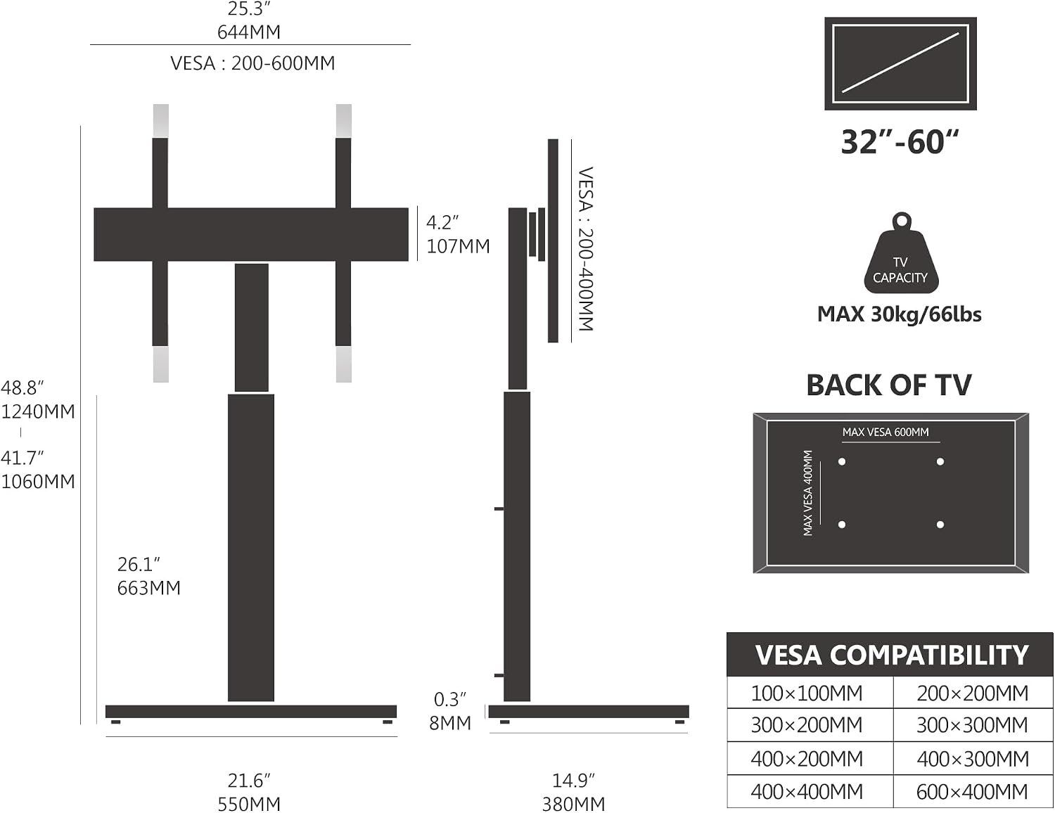 Detalle de FITUEYES TV Floor Stand for 32–60 Inch TVs with Swivel Bracket