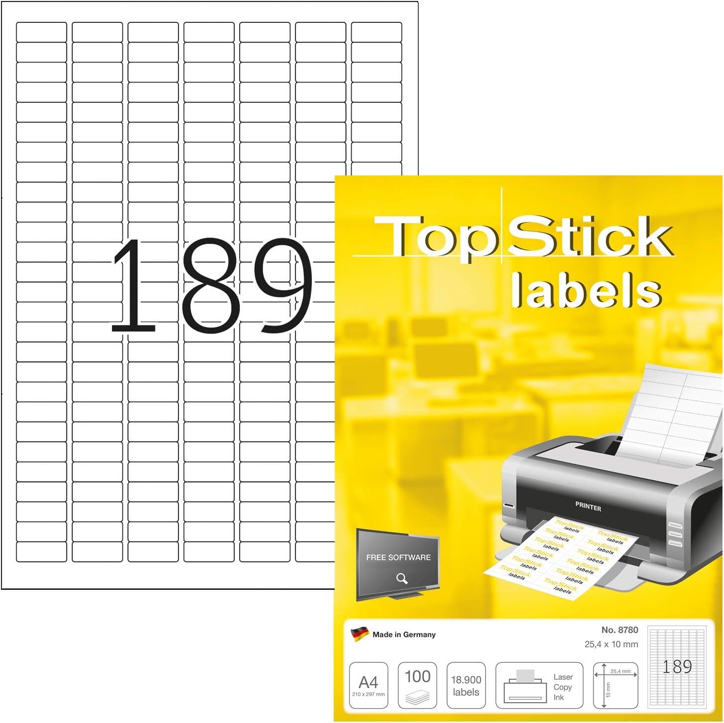 TopStick 8780 Universal Etiketten – 100 Blatt, 25,4 x 10 mm, 18900 Stück, selbstklebend, matt, kompatibel mit Laserdruckern und Tintenstrahldruckern