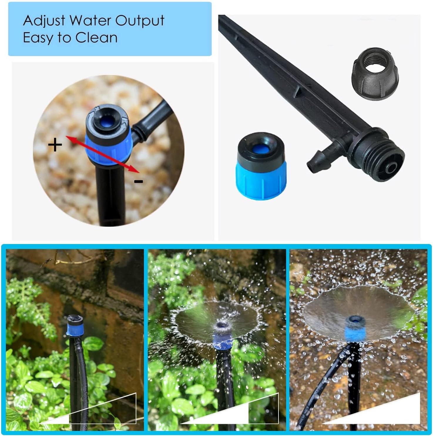 Detalle 2 de Emettitori per irrigazione a goccia da 100 pezzi con picchetto e spruzzatore a ventola regolabile 360° per tubo da 1/4