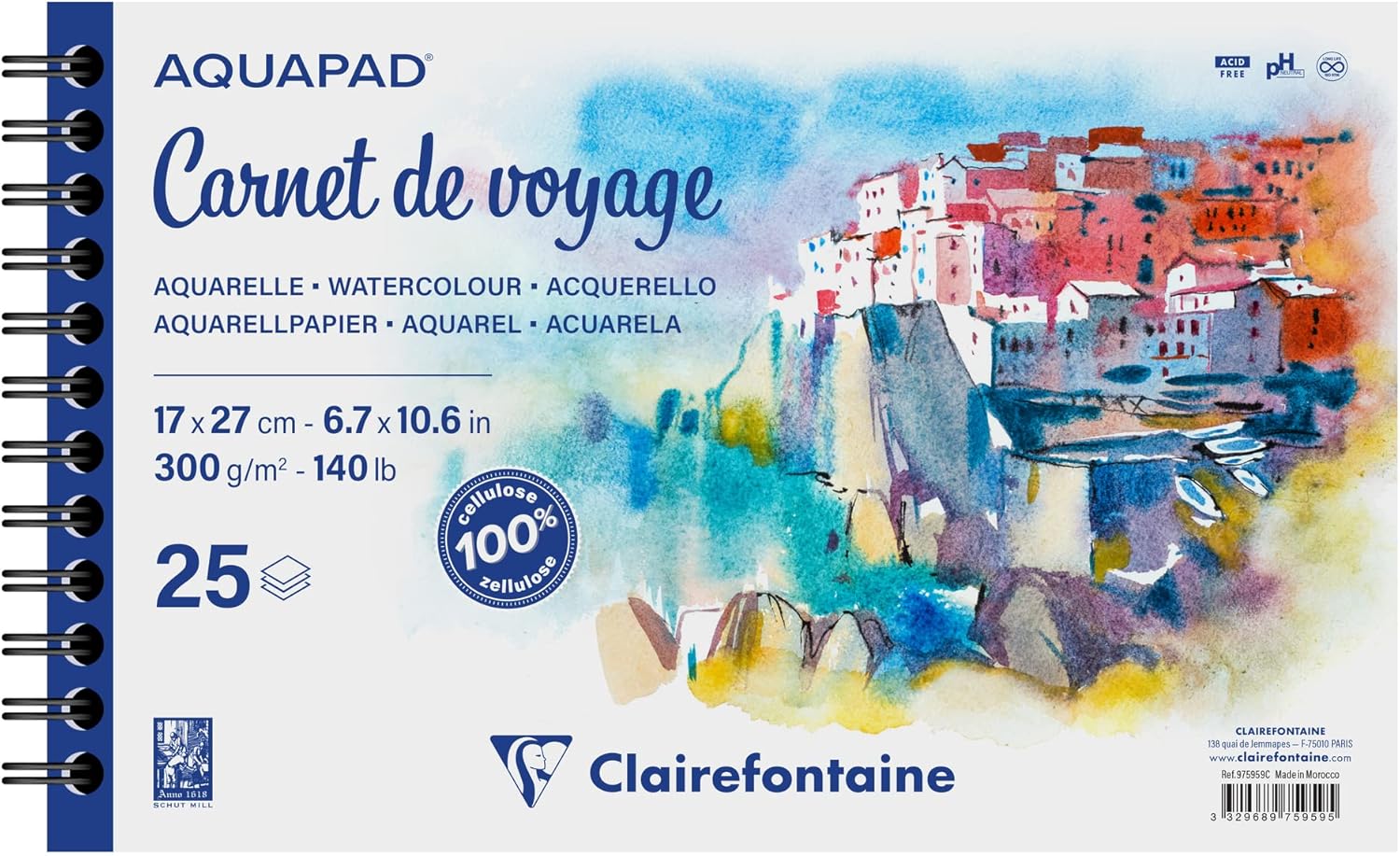 Detalle de Clairefontaine 975959C Carnet de Voyage Spiralé Aquapad 17x27 cm – 25 feuilles 300 g