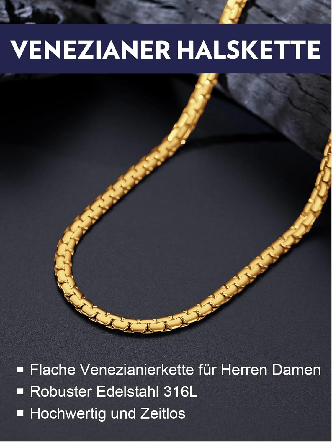Thumbnail 2 de Bandmax Venezianer-Halskette aus 316L Edelstahl (silber/vergoldet/schwarz) – Herren & Damen, Gliederkette ohne Anhänger