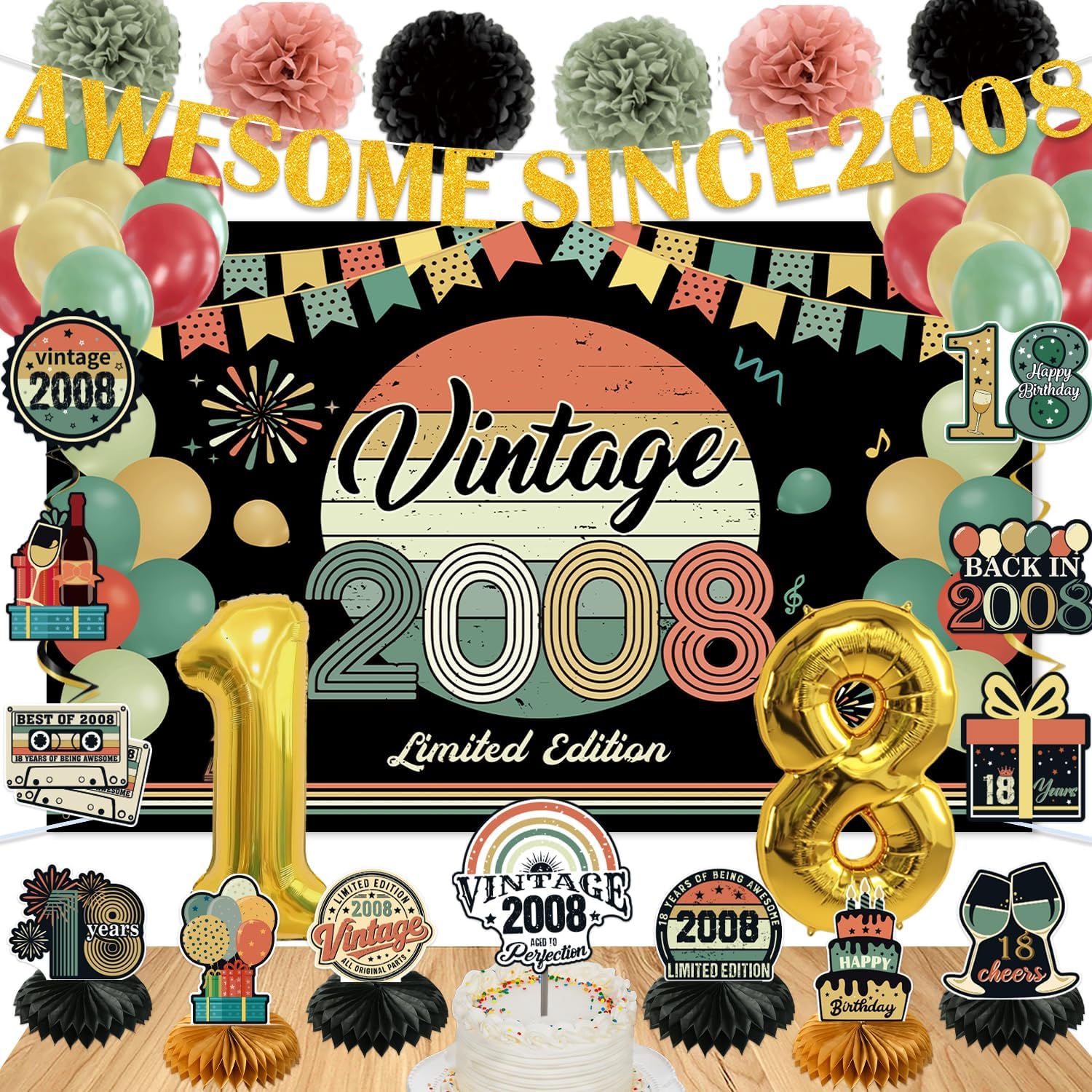 Detalle de PLOZZY Vintage 18th Birthday Decorations, 47-Piece Set with Backdrop