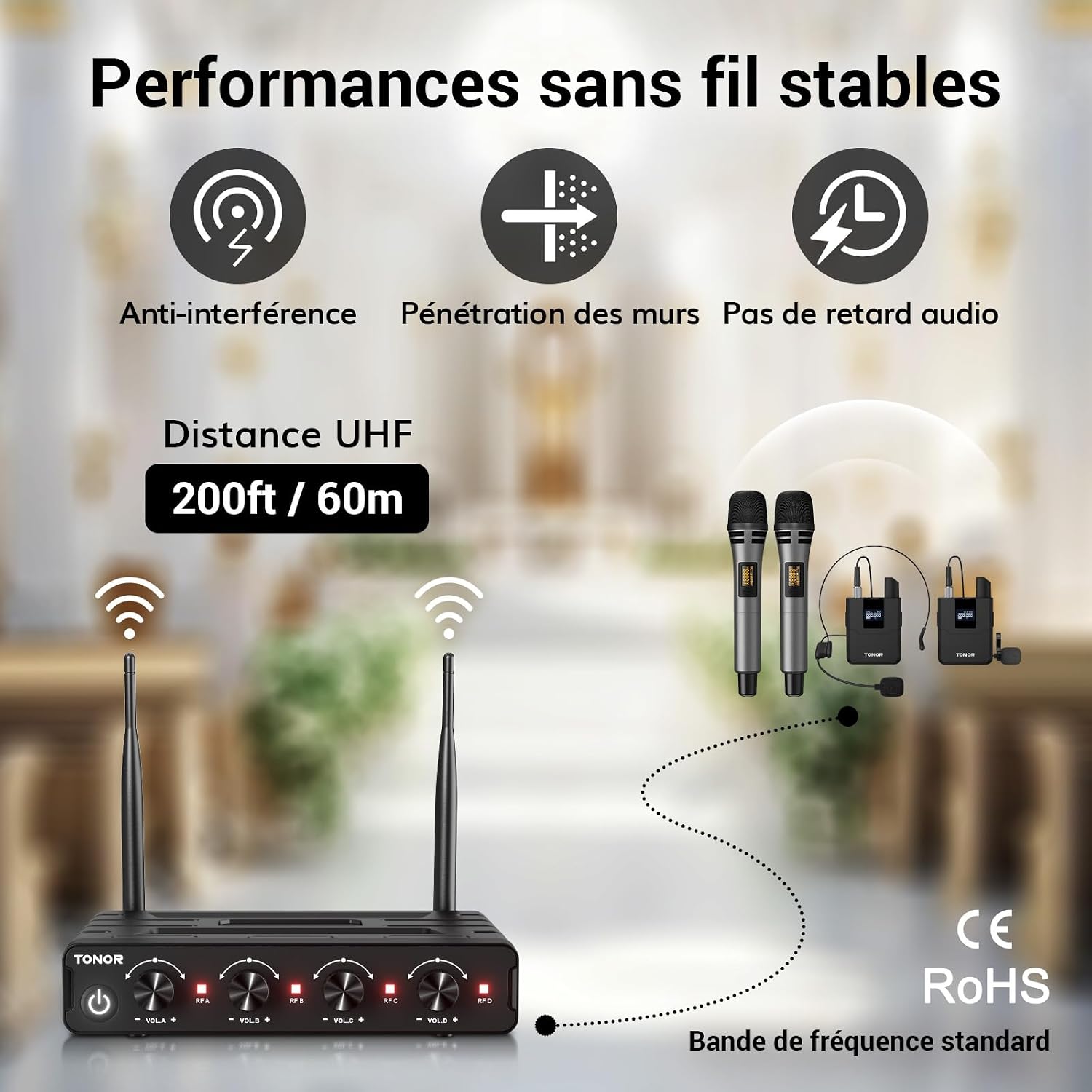 Detalle de TONOR UHF-draadloos microfoonsysteem met 2 handmicrofoons en 2 bodypacks