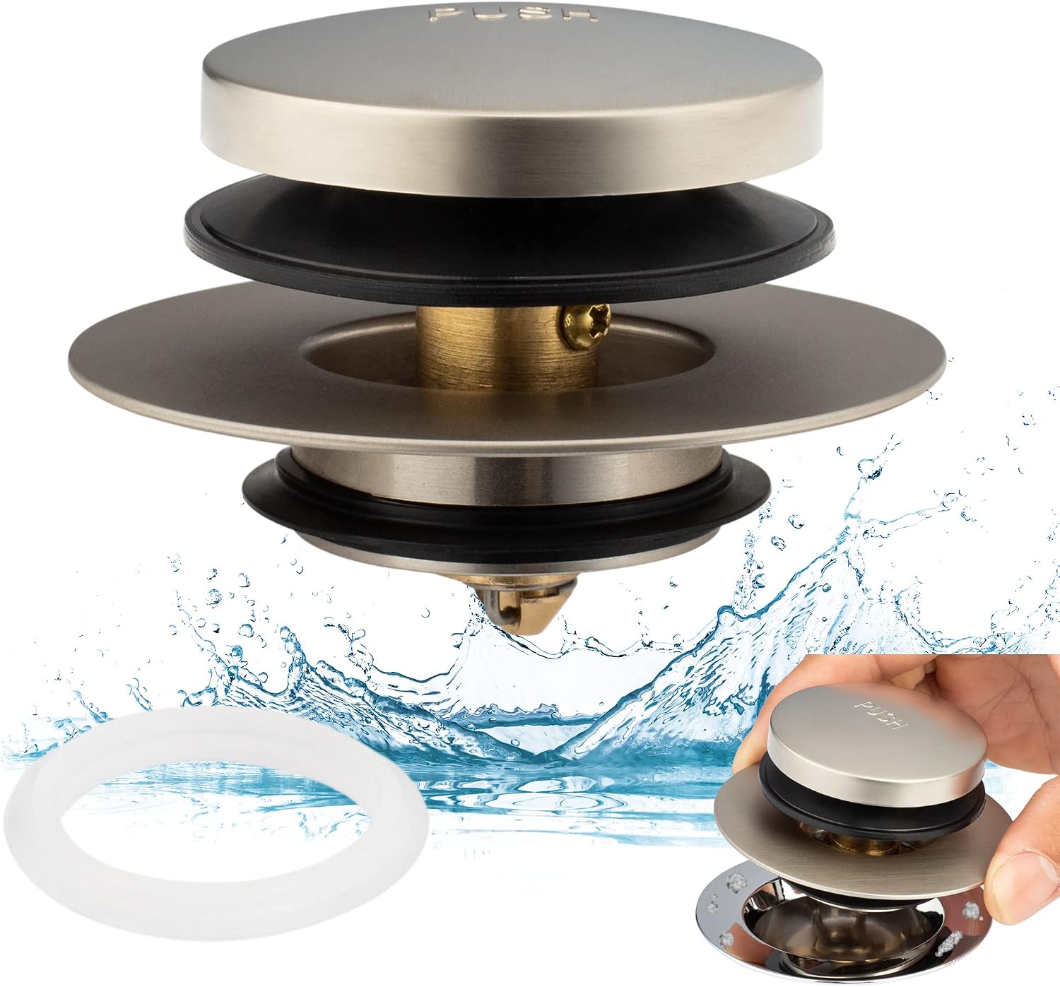 Detalle de Artiwell 629908BN Universal Tip-Toe Tub Drain Stopper, Brushed Nickel Brass