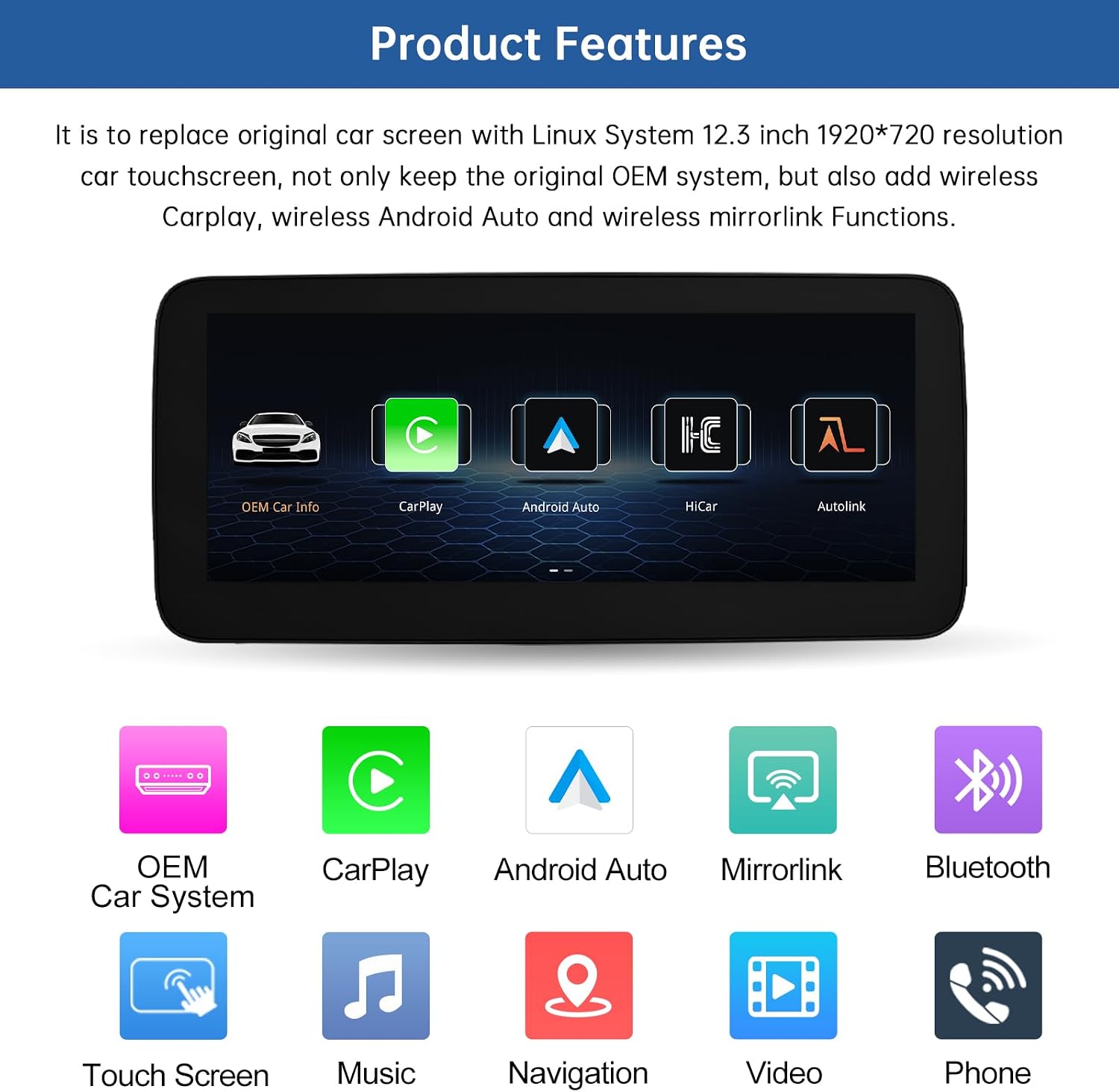 Detalle de Road Top Autoradio da 12,3” con CarPlay wireless e Android Auto wireless per Mercedes NTG5.0 (W205/W447, 2016-2018)