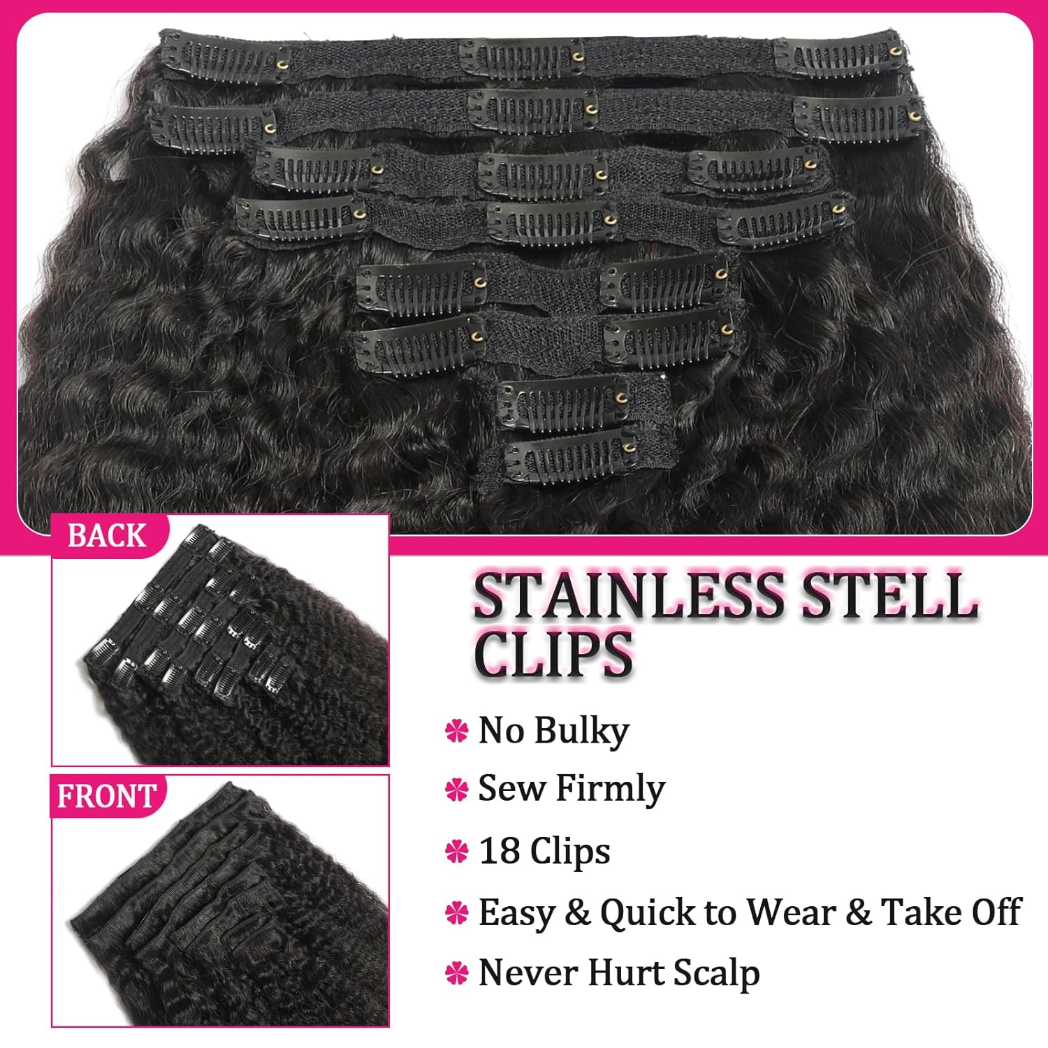 Thumbnail 2 de Clip In Hair Extensions Real Human Hair 20 Inch – 8Pcs 120g Kinky Straight, Brazilian Remy, Full Head