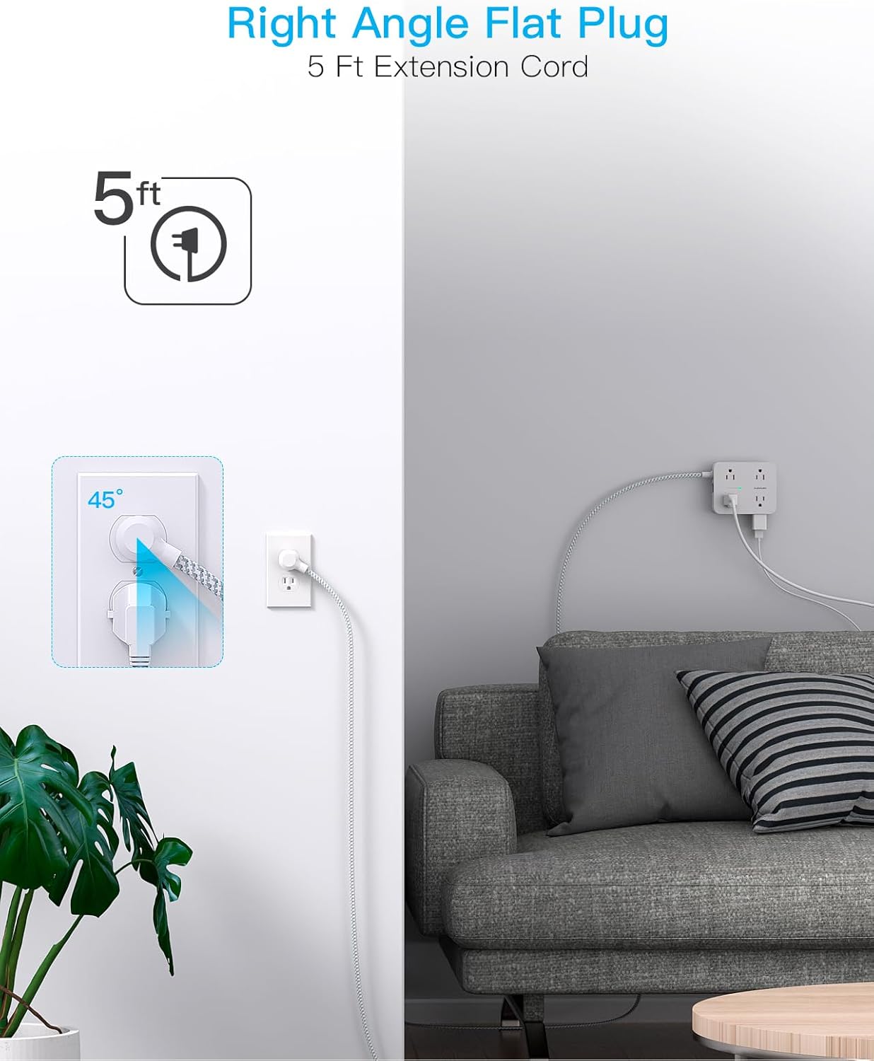 Thumbnail 6 de HANYCONY HN8U5WC2 Surge Protector Power Bar, 8 Outlets, 4 USB Ports, 5 ft Cord