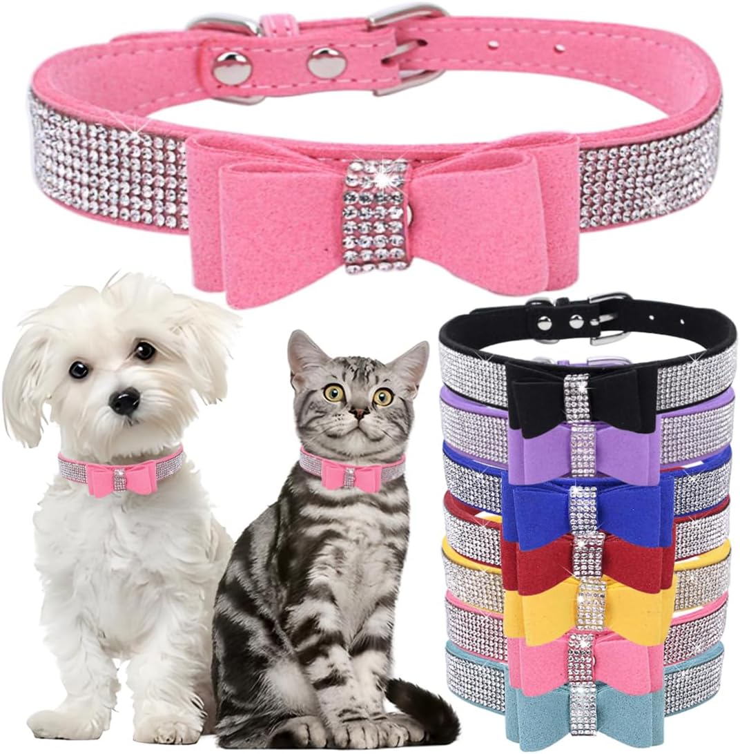 Detalle de Bowtie Diamante Dog Collar – Pink Adjustable Velvet Velvet Diamond Collar for Small to Large Dogs