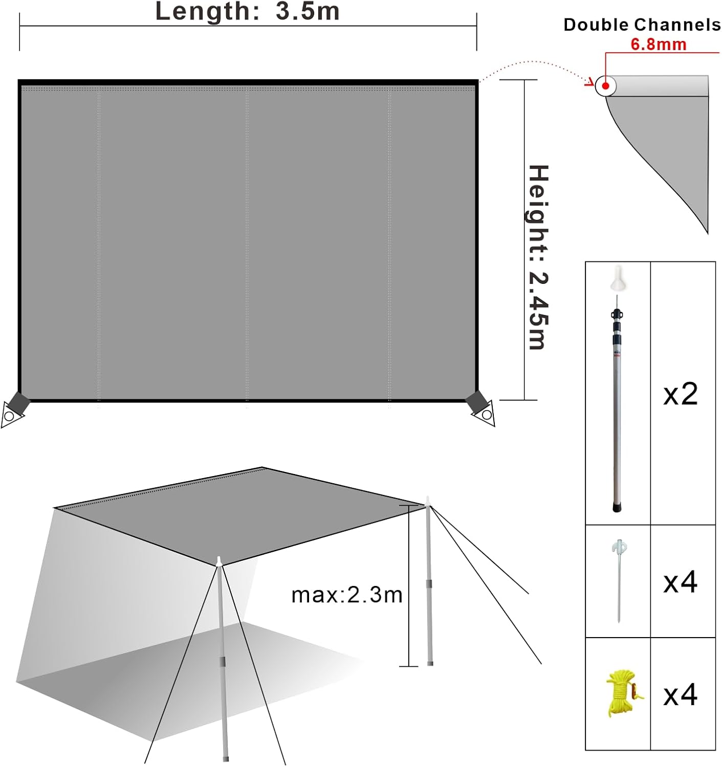 Detalle de Dulepax Caravan Awnings Universal Sun Canopy for Motorhome (3.5 x 2.45m) – Waterproof UV50+