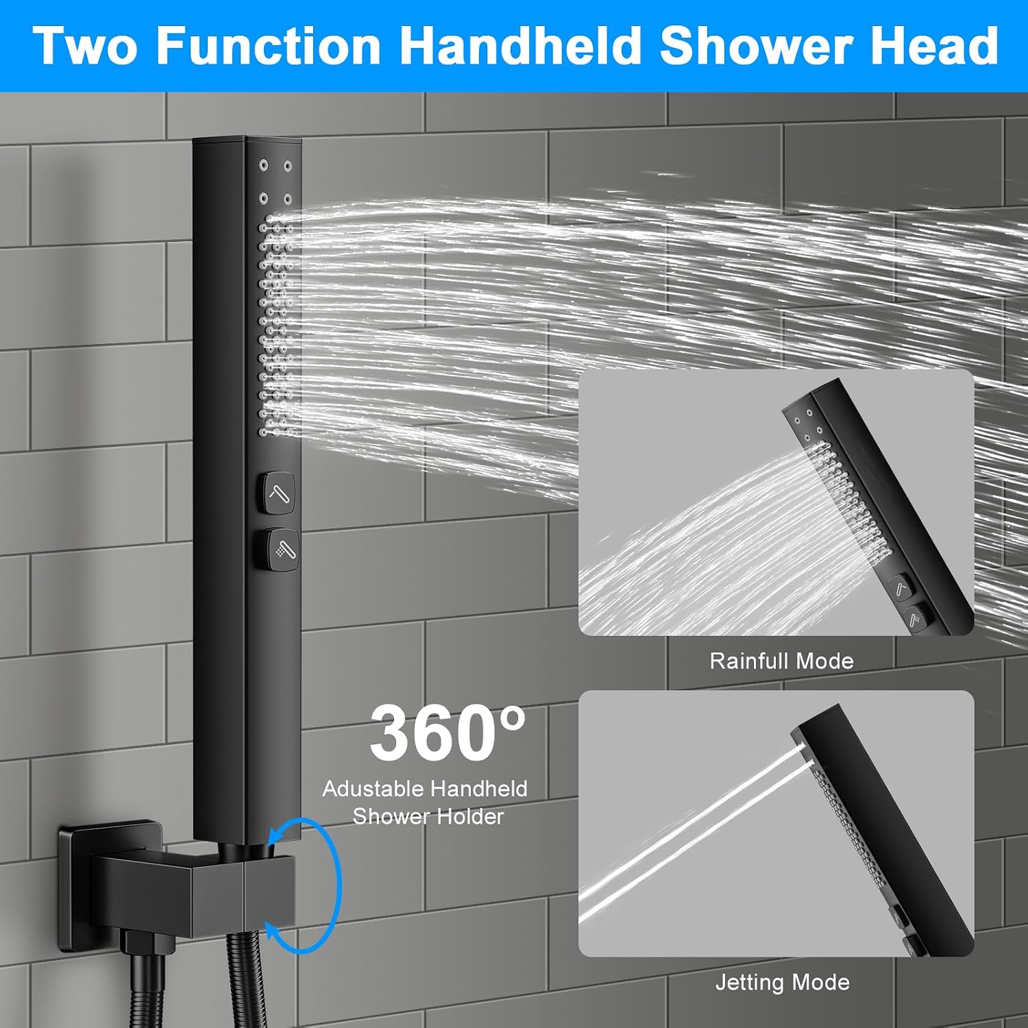 Detalle de ZETETA 12-Inch Matte Black Shower Faucet Set with Rain Head and 2-in-1 Handheld Spray