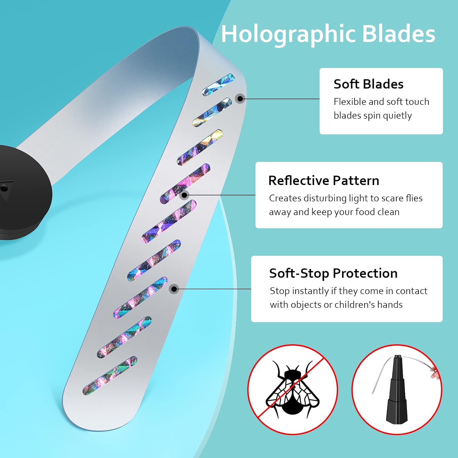 Detalle de Fly Fans for Tables – 4 Pack: Holographic Blade, Battery-Powered Fly Deterrents for Indoor & Outdoor use