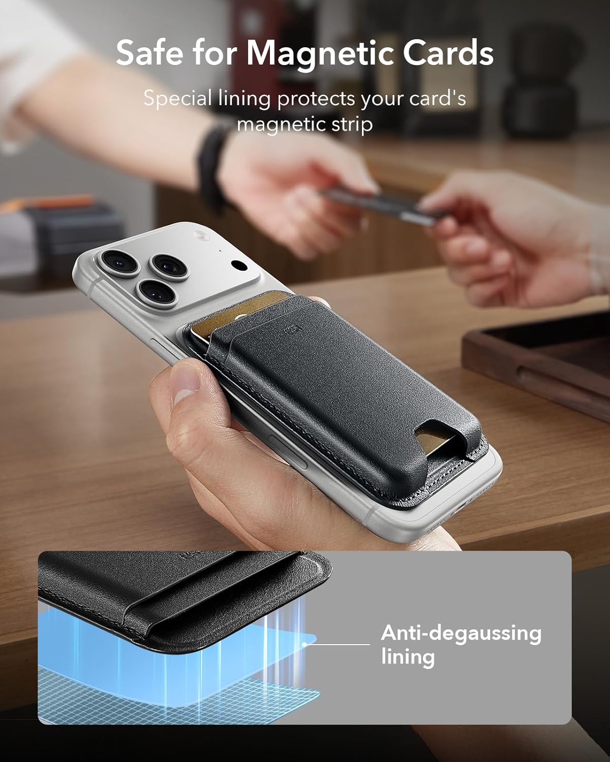 Thumbnail 6 de Porte-cartes ESR MagSafe avec blocage RFID — 5 cartes, cuir végan, maintien 3200 g, compatible iPhone 17/16/15/14/13/12 et Samsung