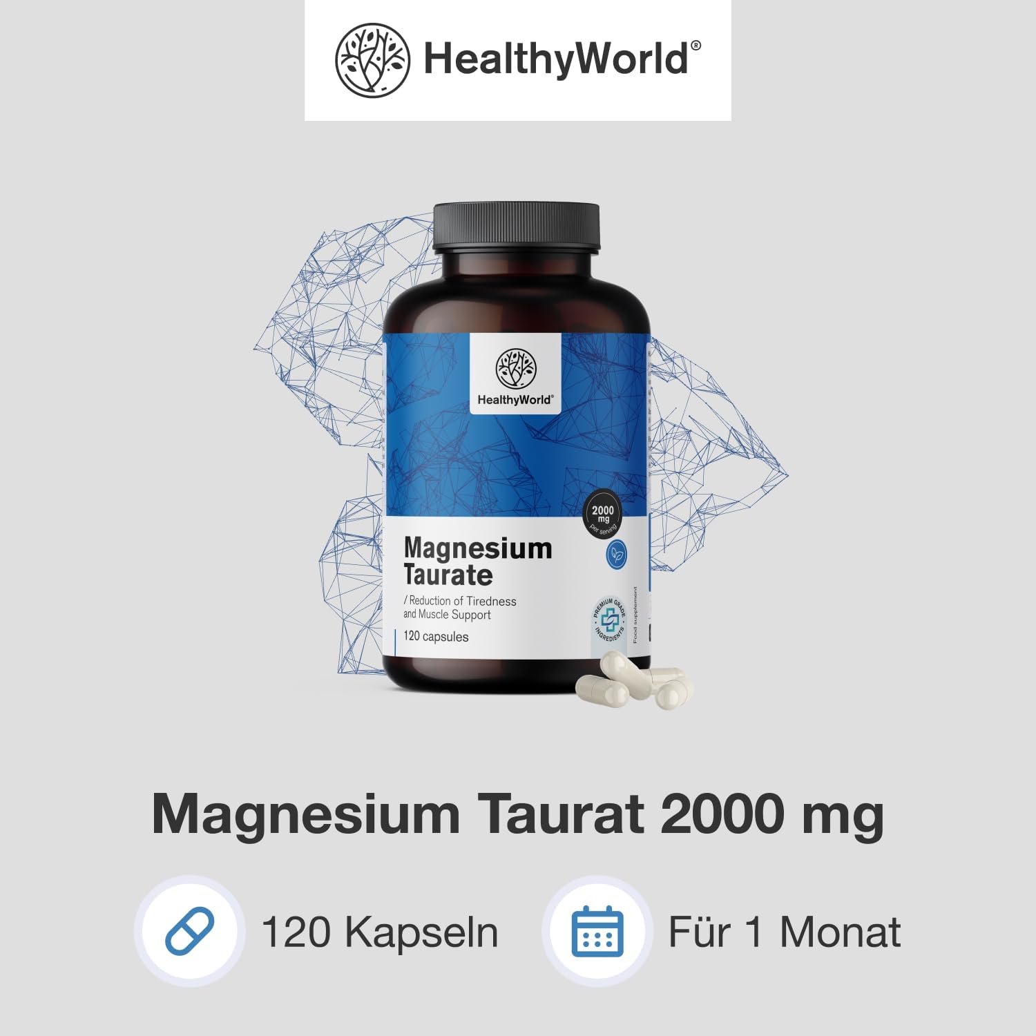 Thumbnail 2 de HealthyWorld Magnesium Taurat 2000 mg – Pflanzliche Kapseln, 120 Stück