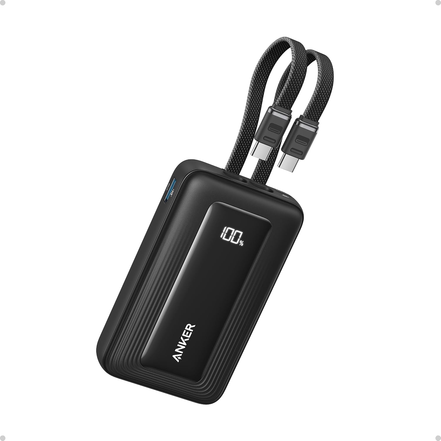 Detalle de Anker Zolo Powerbank 10.000mAh 35W – zwei integrierte USB‑C Kabel, USB‑C & USB‑A Ports