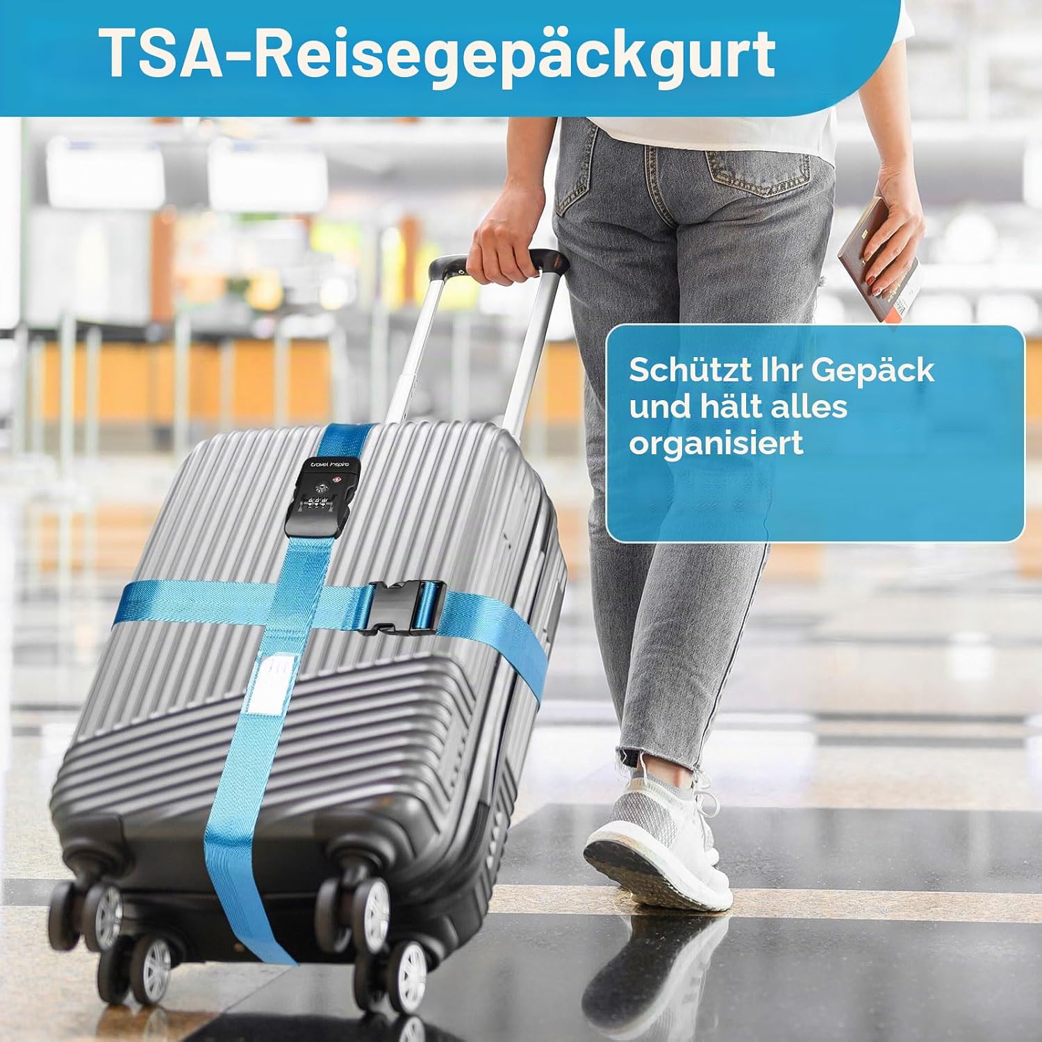 Thumbnail 4 de travel inspira TSA Koffergurt mit Namensschild, Kreuzbefestigung, 20–34 Zoll, Leuchtblau