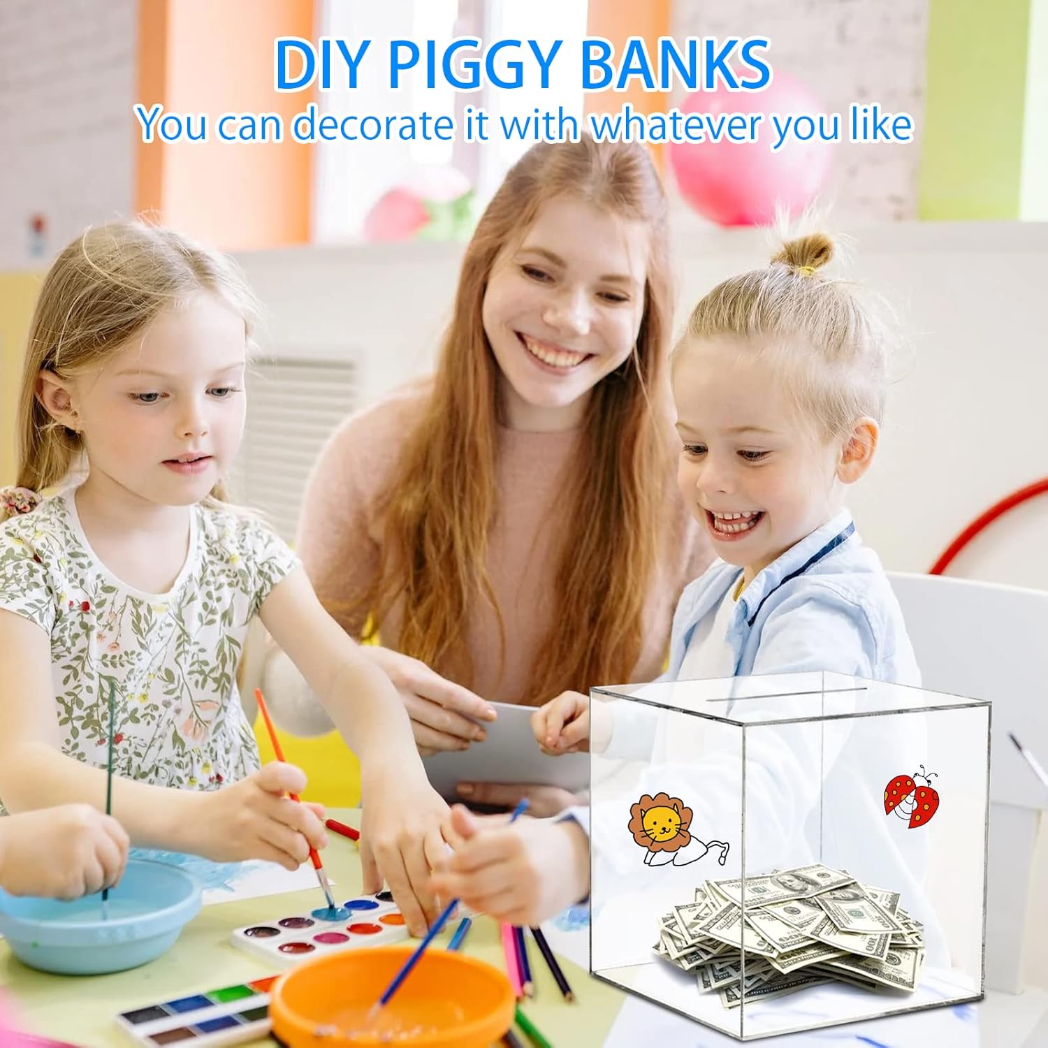 Thumbnail 3 de Clear acrylic money box for adults and kids – unopenable square piggy bank (12x12x12cm)
