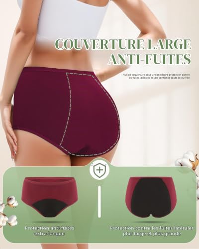 Detalle 2 de TANSTC Culotte Menstruelle Coton – Absorption 60 ml, Taille haute (Lot 3) Noir/Marine/Rouge