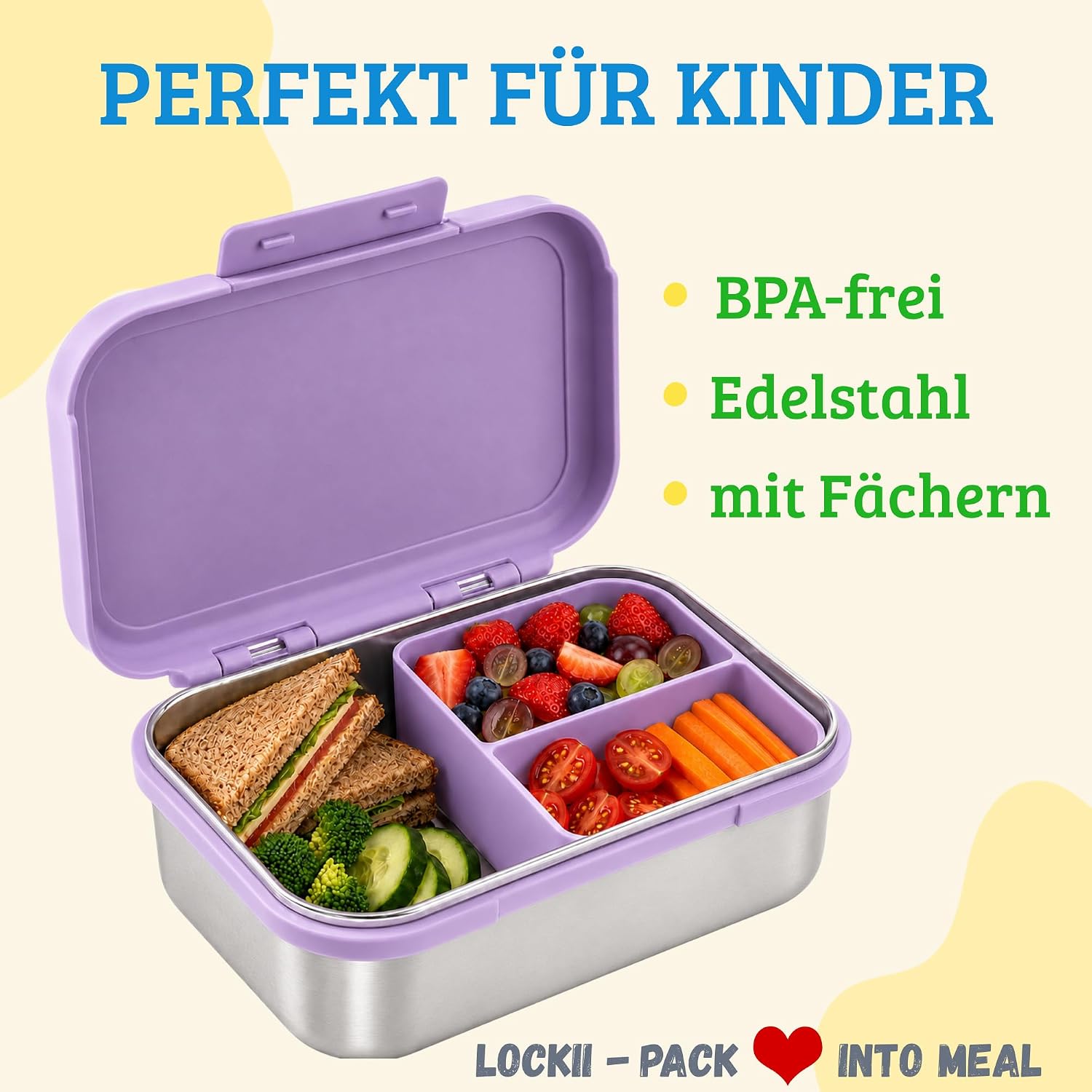 Detalle 2 de LOCKII kinderbroodtrommel 1000 ml van roestvrij staal met snackbox, paars