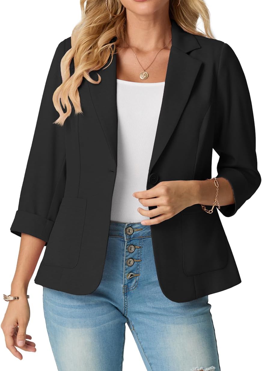 Detalle de GRECERELLE Women's 3/4-Sleeve Blazer with Padded Shoulders and Pockets