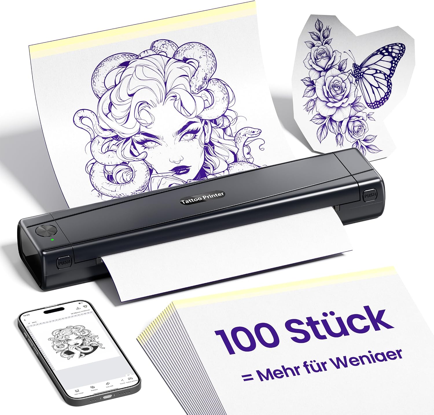 Detalle de TATTMUSE Tattoo Drucker Bluetooth – Schablonen-Nadeldrucker mit 100 Blatt Transferpapier (A887)