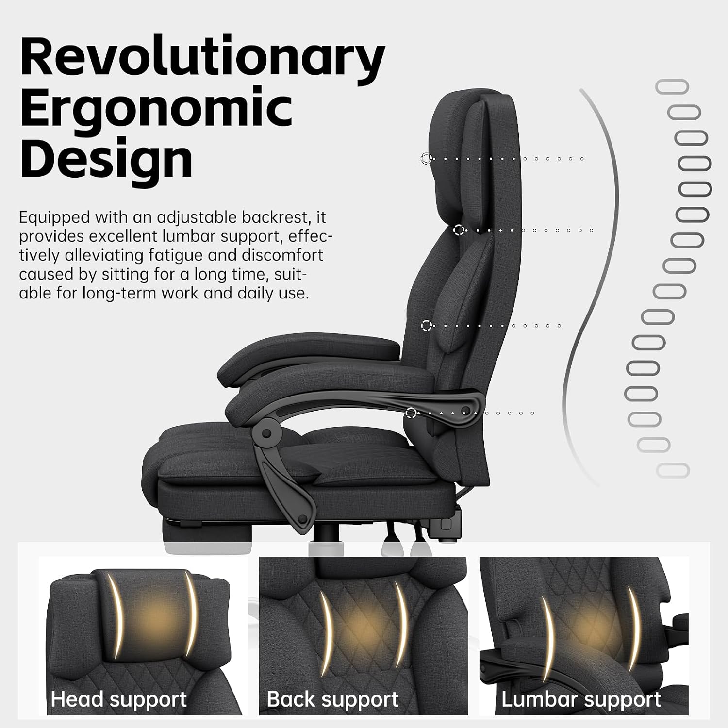 Thumbnail 6 de Submi SU101-Deep Grey-CA Ergonomic Office Chair with Wide Fabric Seat and Footrest