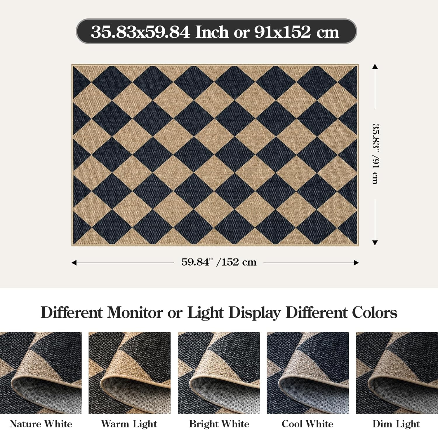 Detalle 2 de Lahome Colette Checkered Easy Jute 3x5 Outdoor Patio Rug (Washable, Non-Slip TPE Backing)