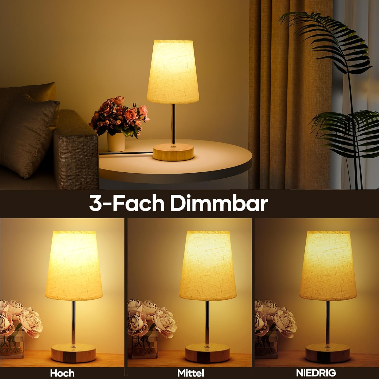 Thumbnail 2 de Suright Nachttischlampe Touch Dimmbar mit USB-Ladeanschlüssen – Leinen-Lampenschirm, Holzsockel, LED inklusive