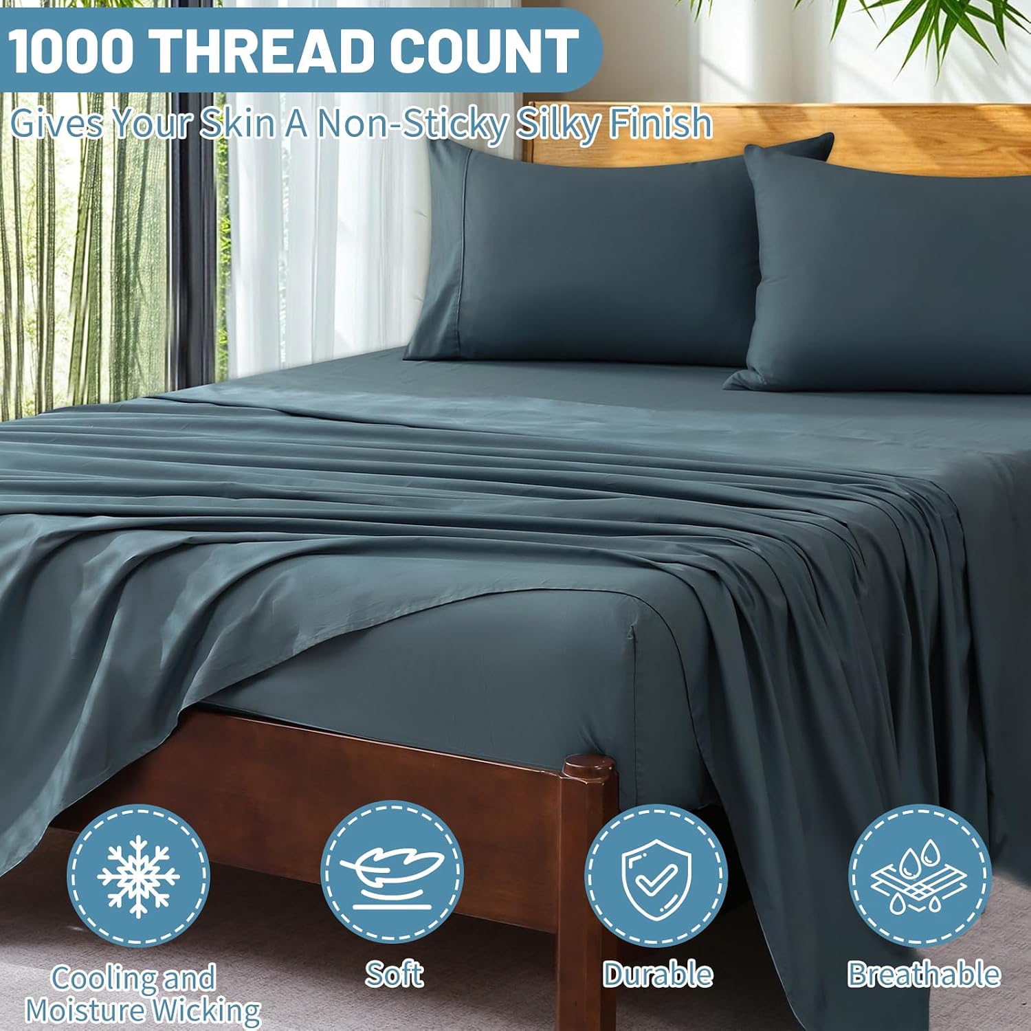Detalle de Overket Extra Deep Pocket King Cotton Sheet Set, 1000 Thread Count, Lake Blue