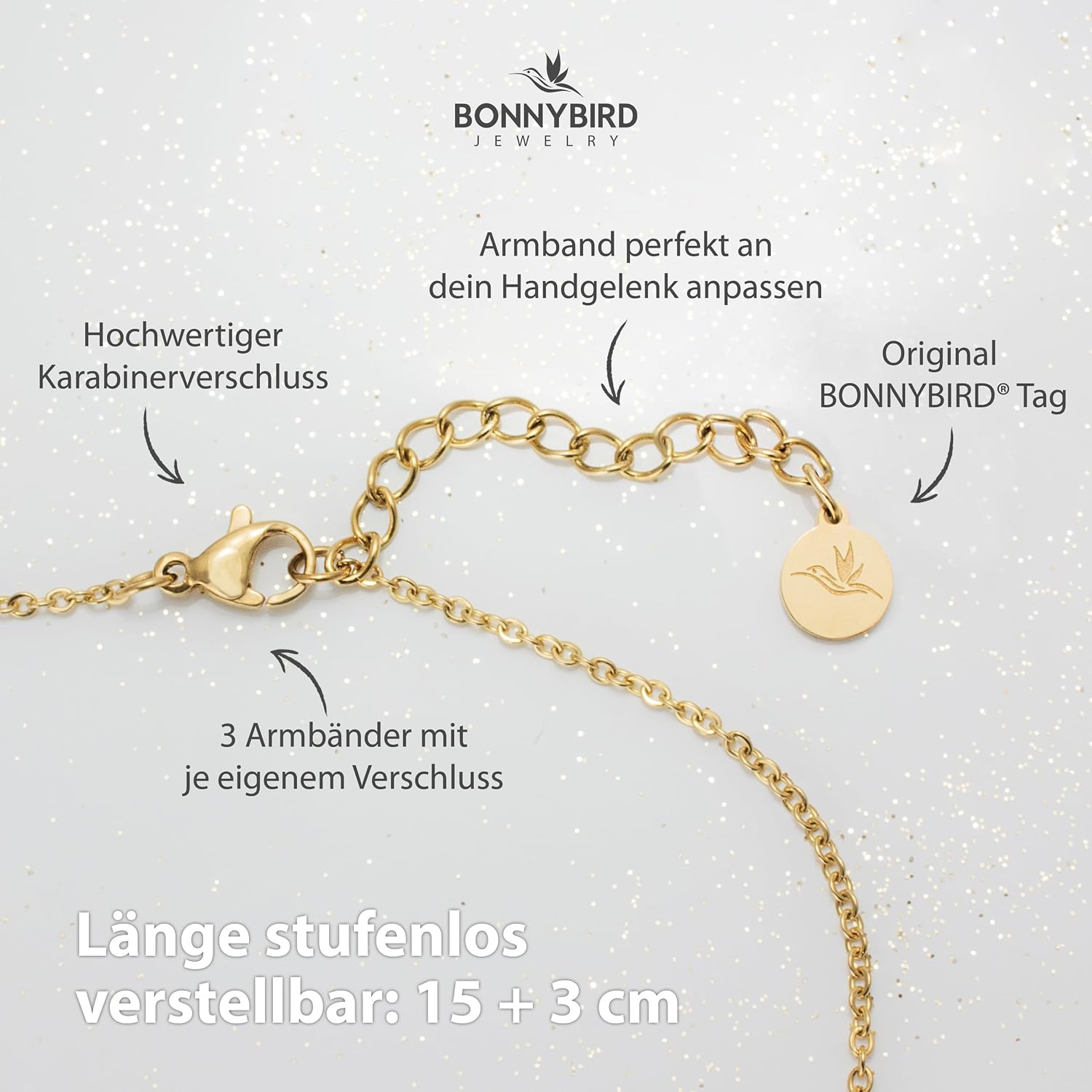 Detalle de BONNYBIRD® BonnyMilano Set Armbänder aus Edelstahl (316L) in Silber, Gold & Roségold – 100% wasserfest, nickelfrei