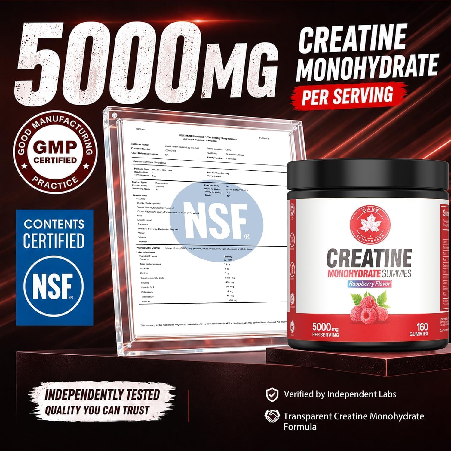 Detalle de GABE SUNNYBEARS Creatine Monohydrate Gummies, 5,000 mg, Raspberry, 160 Count