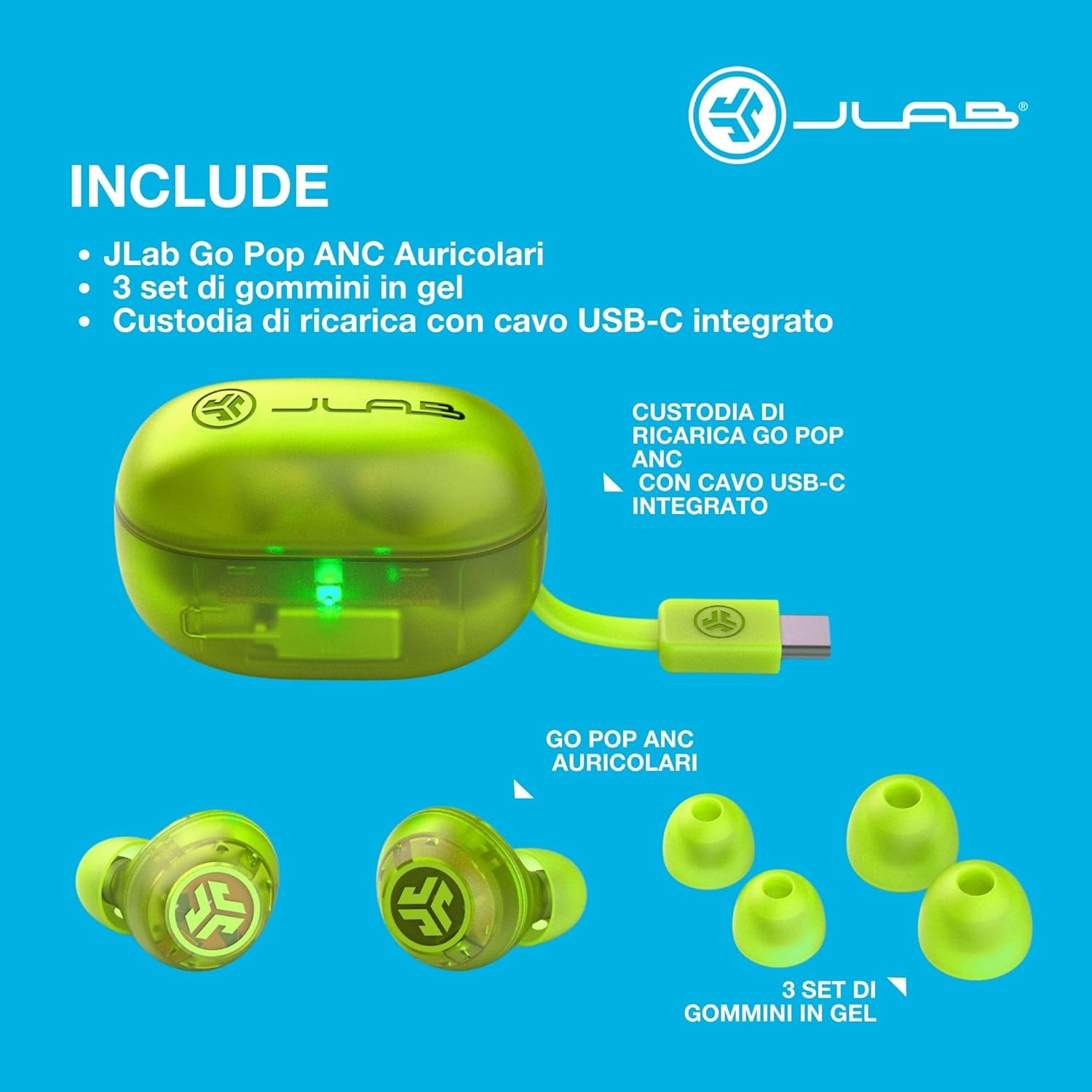 Thumbnail 5 de JLab Go Pop ANC Auricolari Bluetooth ANC: 24+ h di autonomia, IP55, Verde Neon Trasparente