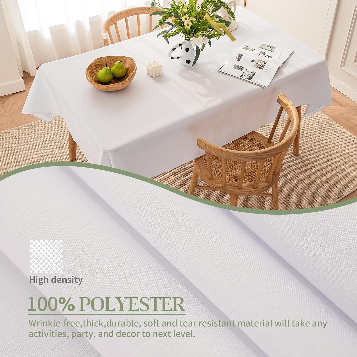 Detalle de BYDOLL Table Cloth White 60x84 Inch — Durable, Washable, and Wrinkle-Resistant Polyester Cover for 6-Foot Tables