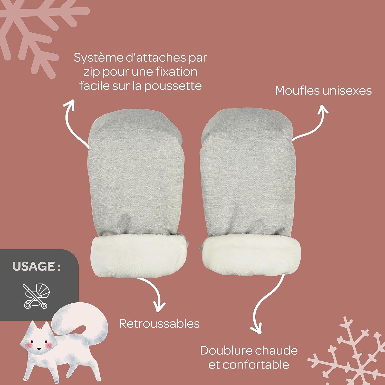 Thumbnail 2 de BÉABA moufles/gants protège-mains de poussette imperméables et coupe-vent en gris chiné