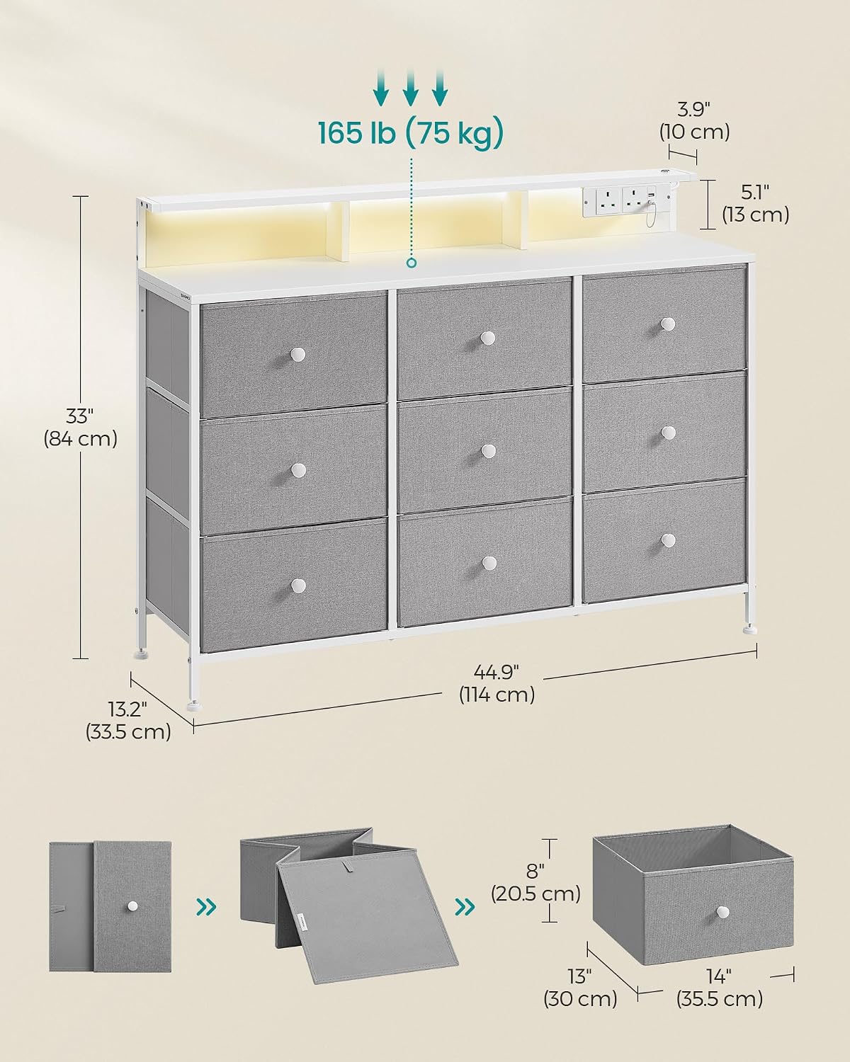 Detalle de SONGMICS BELLAH LTS519G02 9-Drawer Chest with LED Lights and Charging Station