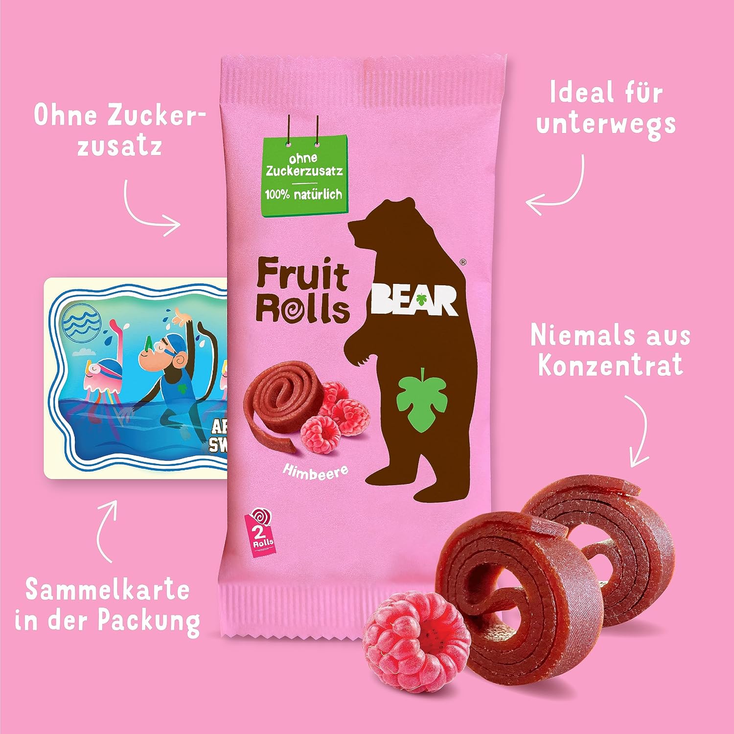 Detalle de BEAR Fruchtrollen Himbeere – 100% natürliche Fruchtsnacks, 18 Beutel, 360 g