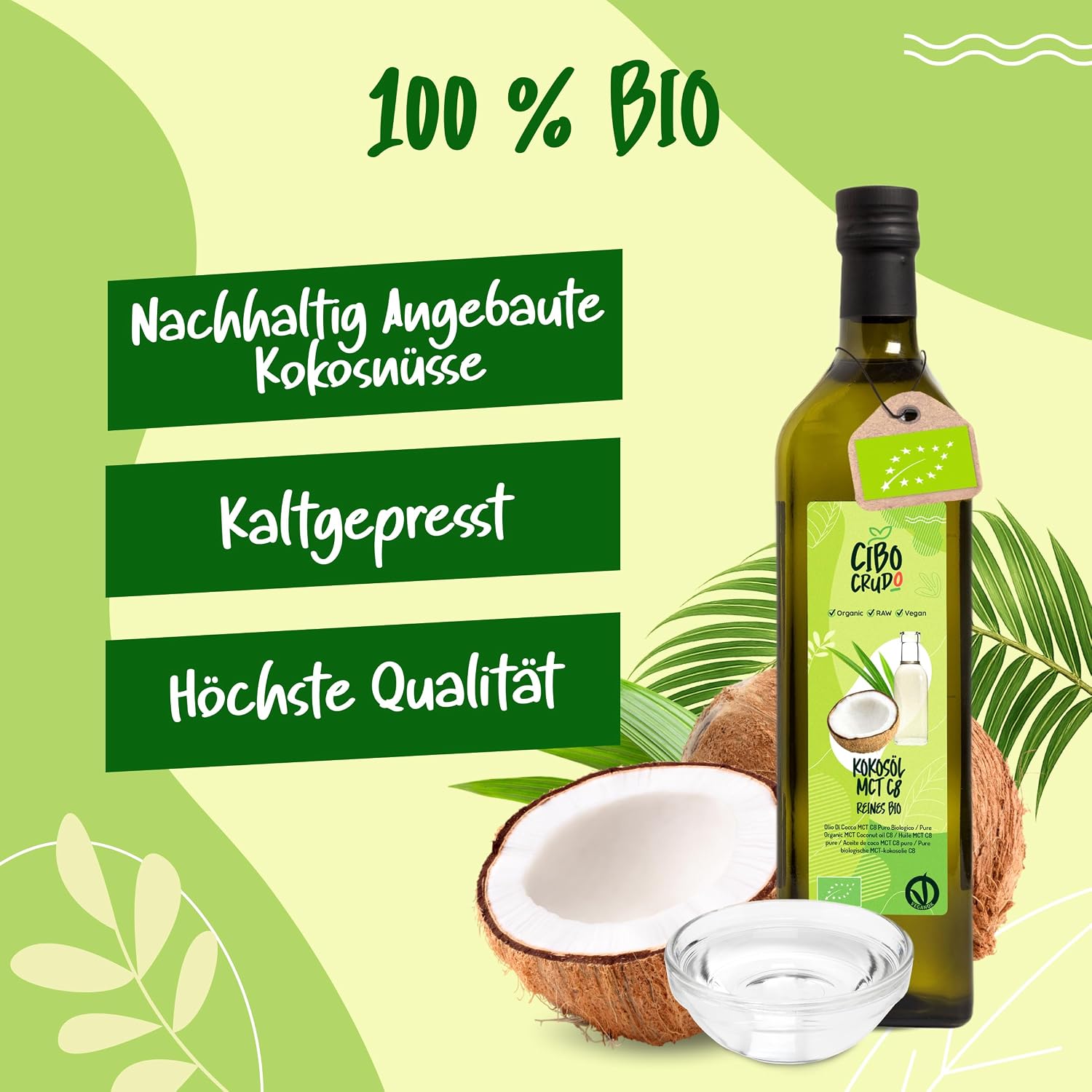 Detalle de C8 MCT Öl Bio – 1 L von CiboCrudo: Reinheit, Vielseitigkeit und nachhaltige Bio-Qualität