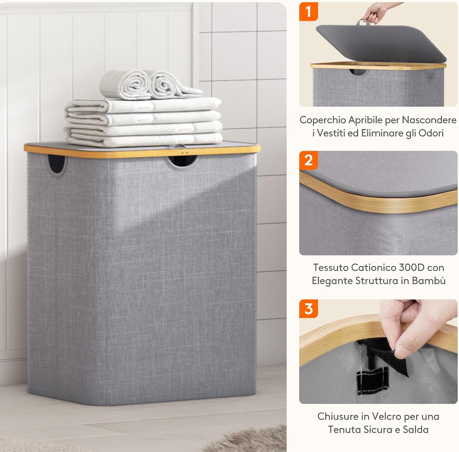 Detalle de Lifewit 23156 140L Laundry Hamper with Lid, Two Compartments, Light Grey