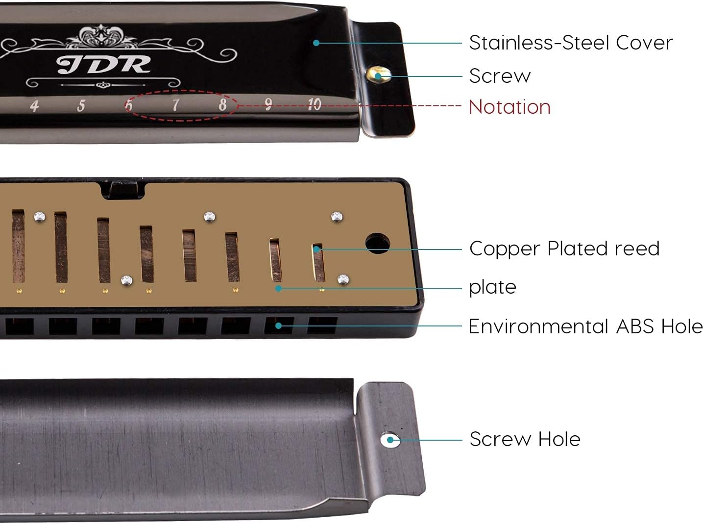 Detalle de JDR Harmonica C, 10-Hole Blues Harp for Adults, Kids, and Beginners