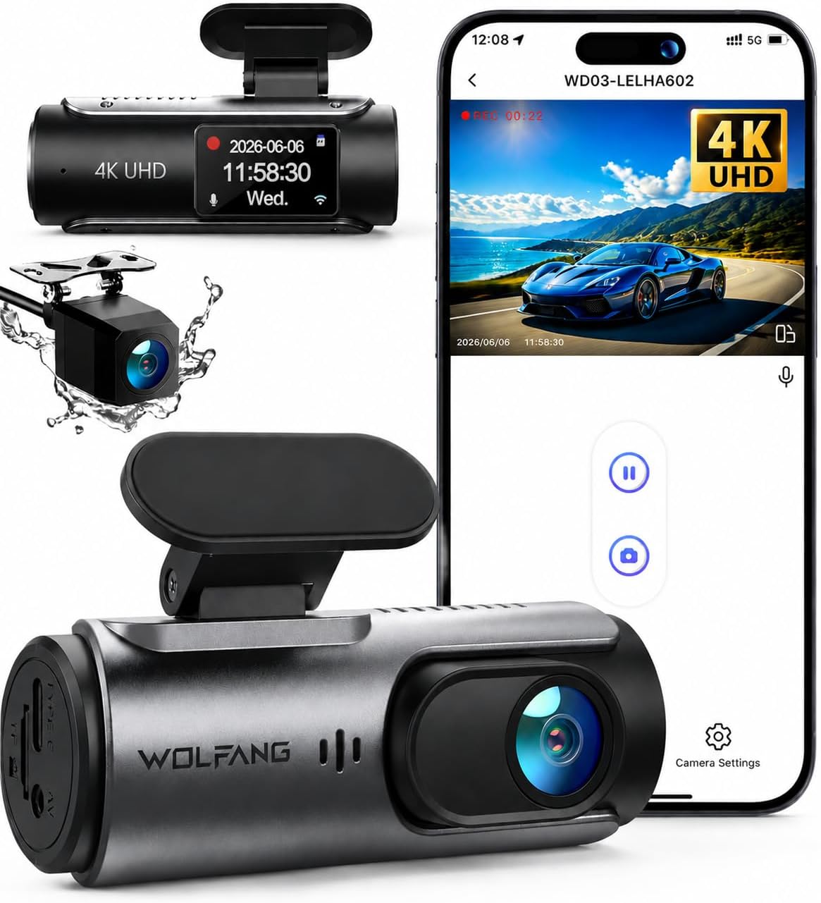 Detalle de WOLFANG WD03 Dashcam Auto Vorne und Hinten – 4K Front, 1080p Rückkamera, WLAN, 170° Weitwinkel