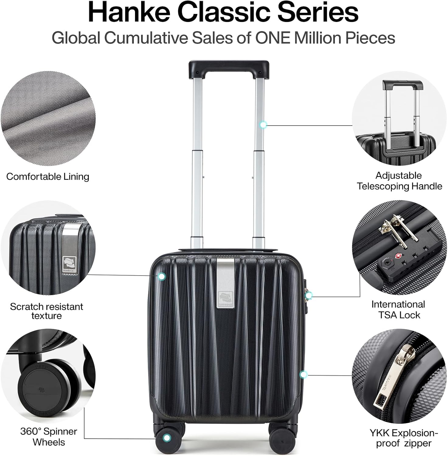 Detalle 2 de Hanke 14 Inch Hardshell Cabin Suitcase (Airline Approved) with TSA Lock and Dual Spinner Wheels, Jet Black