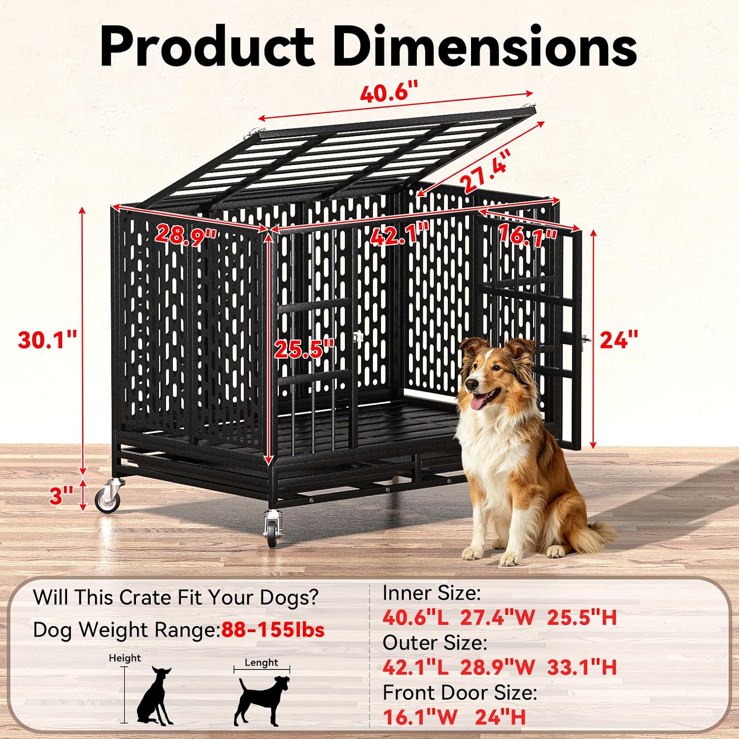Detalle 2 de HMHTCT 42-Inch Heavy-Duty Dog Crate with Wheels, Double Doors and Tray