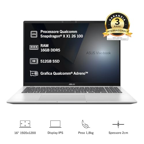 Thumbnail 1 de ASUS Vivobook 16 F1607QA#B0GN3VTL78: Notebook 16" con Snapdragon X1, 16 GB RAM e 512 GB SSD