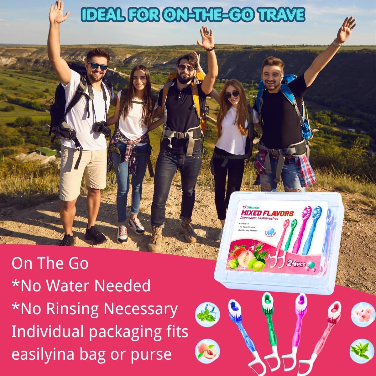 Thumbnail 1 de Litlcutie 24 Pack 5-in-1 Disposable Toothbrushes with Toothpaste, Floss, Pick & Tongue Scraper