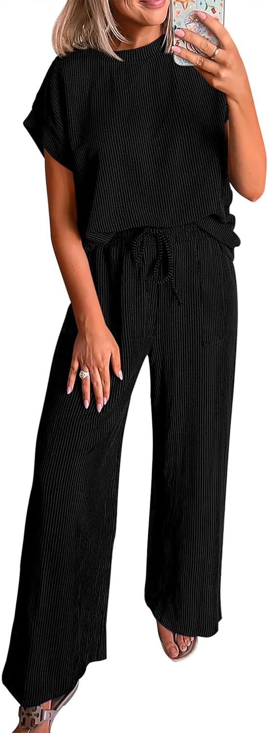 Detalle de KIRUNDO 2 Piece Sets for Women — Dressy Casual Ribbed Knit Short Sleeve Tops & Wide Leg Pants Lounge Set